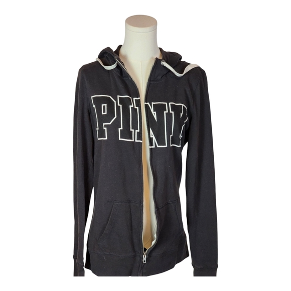 PINK Victoria’s Secret Black Zip Hoodie Sweatshirt XS Logo Pullover Comfy - Picture 2 of 8